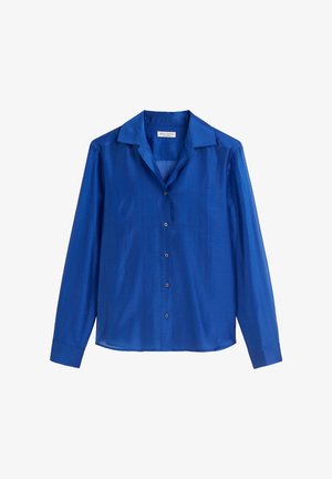 Langärmliges Hemd aus blauer Seide mit spitzem Kragen, vorderem Knopfverschluss und glatter Textur. Keine Muster oder zusätzlichen Verzierungen.