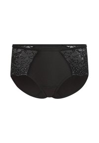 Schwarze hochgeschnittene Unterwäsche mit Spitze an den Seiten, ausgestattet mit einem glatten Bund und undurchsichtigem Körper für Komfort und Bedeckung.