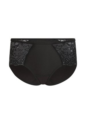 Zwarte high-waisted onderbroeken met kanten zijpanelen, voorzien van een gladde tailleband en een ondoorzichtige stof voor comfort en bedekking.