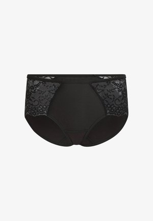 Black high-waisted underwear with lace side panels, featuring a smooth waistband and opaque body for comfort and coverage.