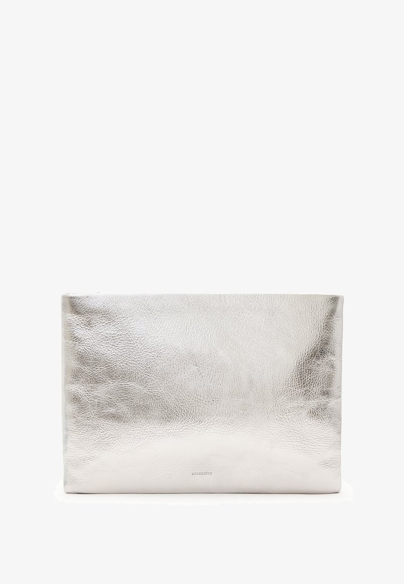 Silver leather clutch bag, rectangular shape, textured surface with a crinkled finish, subtle brand logo at the bottom.