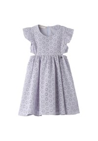 Vestido de lavanda con mangas acampanadas, detalle floral de ojales, corpiño ajustado y falda acampanada. Cierre de cremallera en la parte posterior para facilitar el vestido.