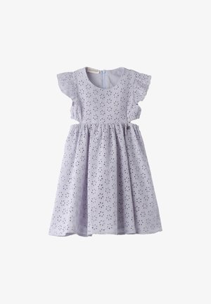 Lavendel jurk met gerimpelde mouwen, bloemige oogjesdetail, aansluitende romp en uitlopende rok. Achterste rits voor gemakkelijk aankleden.