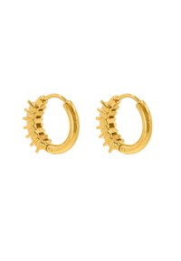 Pendientes de aro de oro con un borde texturizado que presenta acentos puntiagudos. El diseño es circular con un acabado pulido y cierre de bisagra.