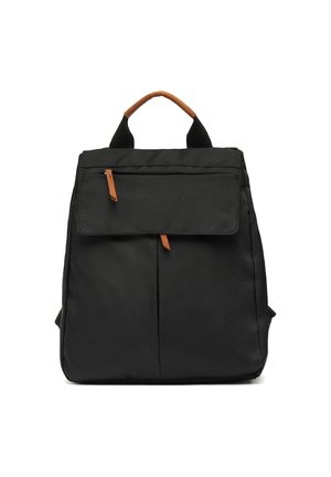 Black backpack made of durable fabric, featuring a front flap pocket, leather accents, and two sturdy straps. Minimalistic design.