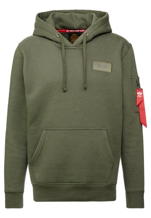 Sweat-shirt à capuche vert olive en tissu doux, doté d'une poche avant, de cordons de serrage et d'un patch logo sur la poitrine.