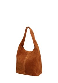 Helle Wildleder-Hobo-Tasche mit einem breiten, einzelnen Tragegurt, weicher Textur und runder Form. Verfügt über eine Nahtdetail entlang der Vorderseite für visuelles Interesse.