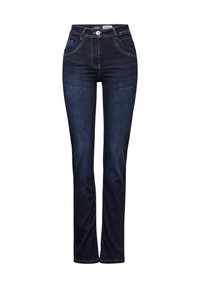 Jeans de mezclilla azul oscuro con corte recto, que cuentan con bolsillos frontales, cierre de botón y detalles de costura en contraste.