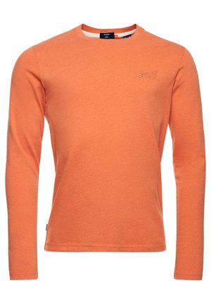 Men’s long-sleeve crew neck t-shirt in solid orange with small tonal embroidered logo on chest.