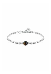 Bracciale in catena d'argento con una perla circolare nera al centro. Il design include anelli intrecciati e una chiusura sicura.