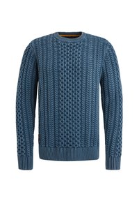 Blauer gestrickter Pullover mit einem strukturierten Muster aus Zopfmustern und Noppen, rundem Ausschnitt sowie gerippten Bündchen und Saum.