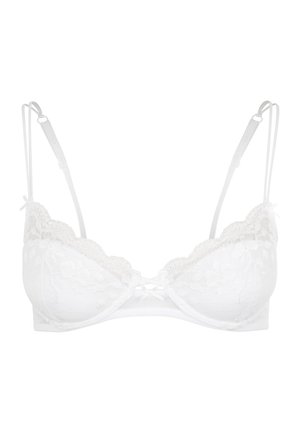 Weißer Spitzen-BH mit transparenten Cups, gewellten Kanten und verstellbaren Trägern mit dekorativen Vorderdetail. Weicher Stoff mit Blumenmuster.