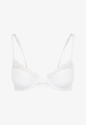 Weißer Spitzen-BH mit transparenten Cups, gewellten Kanten und verstellbaren Trägern mit dekorativen Vorderdetail. Weicher Stoff mit Blumenmuster.