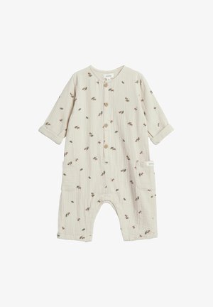 Baumwoll-Kinderstrampler in Hellbeige mit strukturiertem Finish. Mit grünen und beerigen Blumenmustern, Holzknöpfen und hochgerollten Ärmeln.