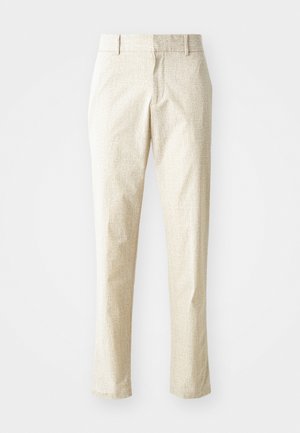 Hellbeige maßgeschneiderte Hose mit strukturiertem Muster, geradem Beinanschnitt und mittelhoher Taille, mit Gürtelschlaufen und ohne sichtbare Taschen.