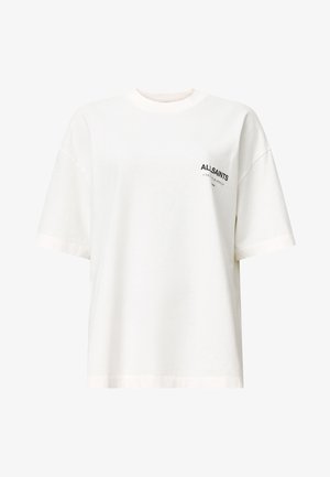 Vit bomullströja med avslappnad passform, rund hals, korta ärmar och svart "ALLSAINTS"-logotyp på vänster bröstområde.