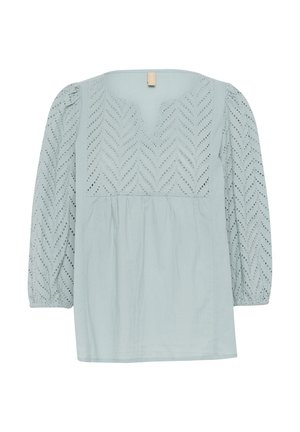 Bluză albastru deschis, cu decolteu în V, având broderie din dantelă în model zigzag pe piept și mâneci lungi bufante. Material din bumbac ușor.
