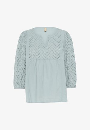 Svijetloplava bluzica s V-izrezom, s čipkastim vezom u obliku čežnje na prsima i napučenim dugim rukavima. Lagana pamučna tkanina.