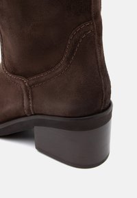 Botines de ante marrón con un robusto tacón de bloque de madera. Presenta costuras curvas a lo largo del eje y una superficie de textura suave.