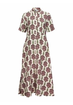 Īsām piedurknēm zīda kleita ar ziedu rakstu, kurā redzamas rozā rozes un zaļas lapas, ar pogu aizdari priekšpusē un izplestu svārku.