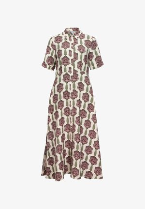 Īsām piedurknēm zīda kleita ar ziedu rakstu, kurā redzamas rozā rozes un zaļas lapas, ar pogu aizdari priekšpusē un izplestu svārku.