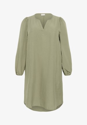 Vestito lungo a maniche lunghe verde oliva in tessuto leggero, con scollo a V, maniche a palloncino arricciate e orlo leggermente arrotondato.