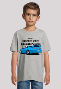 Gray cotton t-shirt featuring a blue sports car graphic with the text "RIDE OF LEGENDS", short sleeves, and a round neckline.