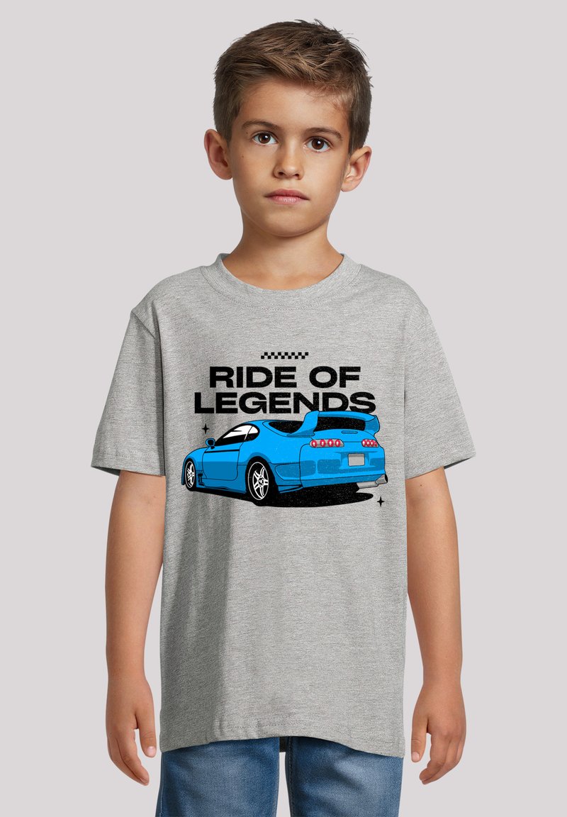 Gray cotton t-shirt featuring a blue sports car graphic with the text "RIDE OF LEGENDS", short sleeves, and a round neckline.