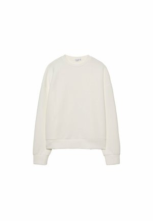 Vit sweatshirt med rund hals, neddragna axlar och ribbade ärmslut. Tillverkad av mjukt tyg, med en minimalistisk design och rena linjer.