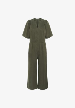 Olive green jumpsuit with short puff sleeves, a V-neckline, elasticated waist, and wide-leg trousers. Made from soft, lightweight fabric.