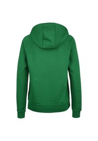 Felpa verde con maniche lunghe e cappuccio, vista da dietro su uno sfondo bianco.