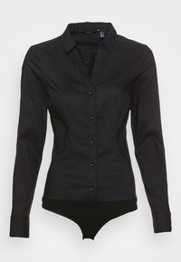 Camicia nera aderente a maniche lunghe con colletto e fondo body attaccato, progettata per una silhouette slanciata.