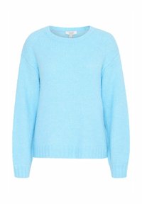 Maglione azzurro chiaro realizzato in un morbido tessuto lavorato. Presenta maniche lunghe, scollo rotondo e polsini e orlo a coste.