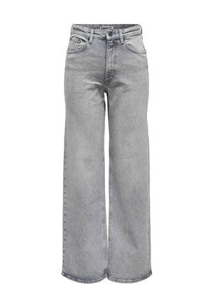 Weit geschnittene, hellgraue Jeans aus Denim mit hoher Taille, die subtile Texturdetails und ein Fünf-Taschen-Design aufweisen.