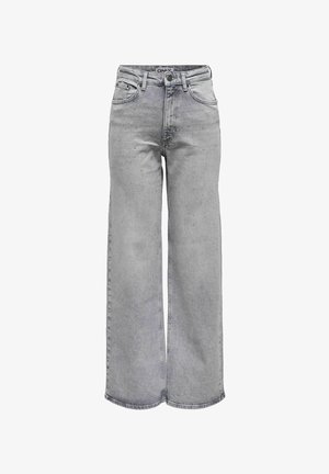 Dżinsy z szerokimi nogawkami w jasnoszarym kolorze, z wysokim stanem, subtelnymi detalami tekstury i pięcioma kieszeniami.