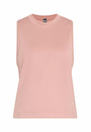 Top corto sin mangas de color rosa claro con cuello redondo y pequeño logo blanco cerca del dobladillo inferior en el lado derecho delantero.