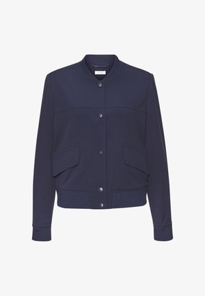 Navy blue bomber jacket with a ribbed collar, two front pockets, snap buttons, and a smooth texture. Features a cropped design with fitted cuffs.