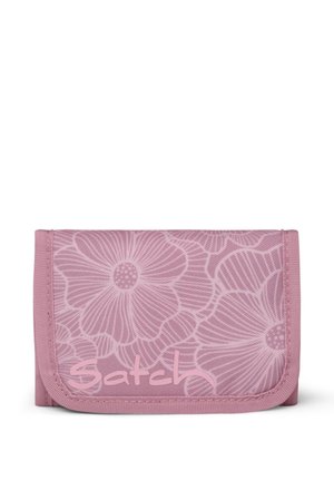 Folded pink wallet with large floral pattern and "Satch" logo on front, displayed on white background.