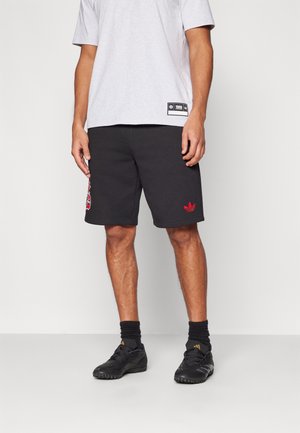 Mann trägt schwarze Adidas-Shorts mit rotem Logo, schwarze Socken, schwarze Adidas-Sportschuhe und ein hellgraues T-Shirt, steht vor weißem Hintergrund.