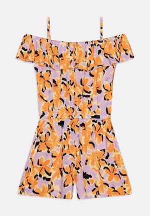 Schulterfreier Floral-Overall mit Rüschen am Ausschnitt, dünnen Schulterträgern und Blumenmuster in Orange, Schwarz und Lila.