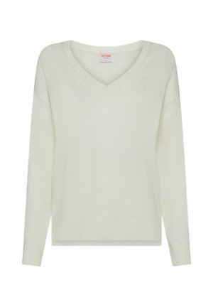 Maglione lavorato a maglia bianco, a maniche lunghe, con scollatura a V, caratterizzato da una texture a coste e un logo discreto sul petto. Design semplice, vestibilità rilassata.