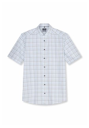 Weißes kurzärmliges Hemd mit Knöpfen, blau-schwarz kariertes Muster und klassischem Kragen, flach auf einem weißen Hintergrund ausgelegt.
