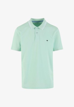 Polo triko v mátově zelené barvě vyrobené z udržitelné bavlny, s tříknoflíkovou légu a malým černým emblémem na levé části hrudi, s kontrastním límečkem.