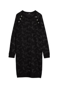 Svart långärmad klänning med ett subtilt mönster, utrustad med silverknappar på axlarna och ribbade manschetter, tillverkad av mjukt tyg.