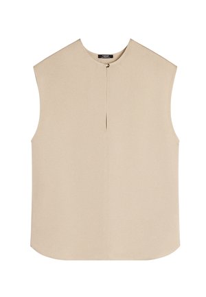 Beżowa bezrękawnik z okrągłym dekoltem i szczegółem w postaci rozcięcia z przodu, wykonana z gładkiego materiału. Posiada dyskretne zapięcie na guzik na szyi.