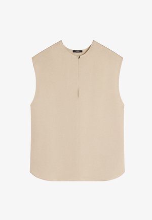 Beżowa bezrękawnik z okrągłym dekoltem i szczegółem w postaci rozcięcia z przodu, wykonana z gładkiego materiału. Posiada dyskretne zapięcie na guzik na szyi.