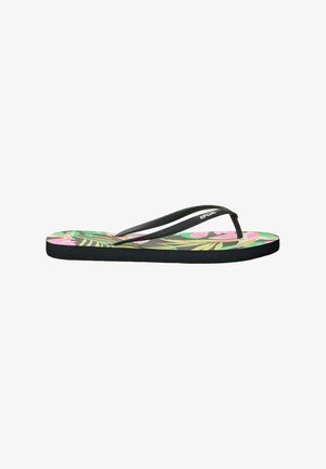 Chancla con tiras negras y estampado de hojas tropicales y flores rosas en la suela, con el logo de Rip Curl en la tira.