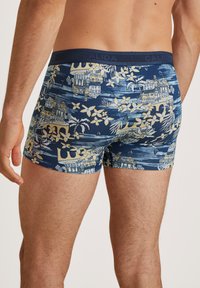 Men's boxer shorts in blue with a floral and architectural pattern. Made from a soft, stretchy material with a navy waistband.
