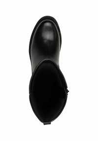 Bottines en cuir noir avec une finition lisse, forme de bout arrondi, fermeture éclair sur le côté et doublure textile contrastante.