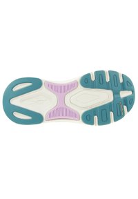 Schuhsohle mit einer Kombination aus weißen, teal- und lavendelfarbenen Bereichen; strukturierte Muster und Rillen für Grip und Unterstützung.